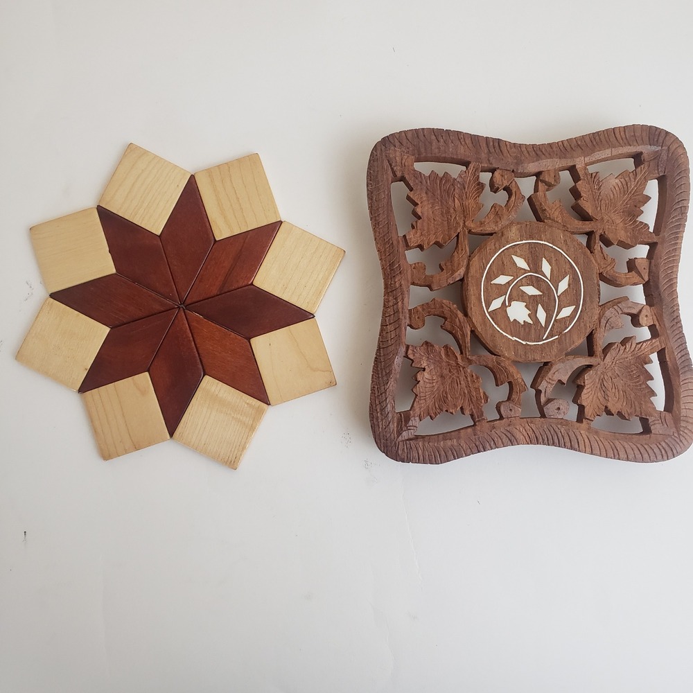 LOT of 2 Wood Trivets:‎ West Germany Star & Inlaid Hand Carved from India